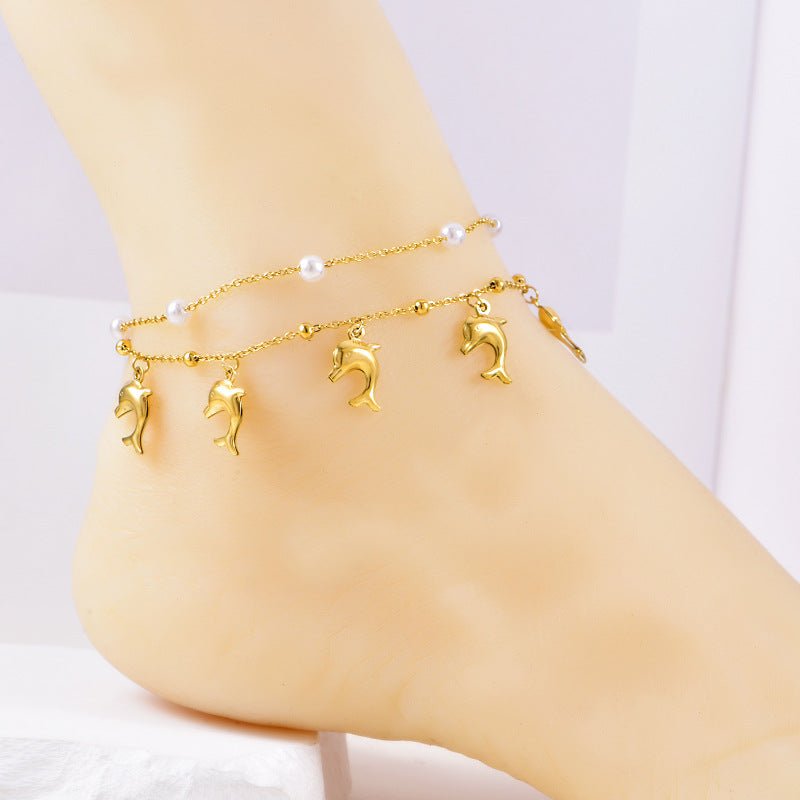 Gold Dolphin Pearl Double Layer Anklet - Anklets - 18k Gold Plated Waterproof Jewellery - Collection 9