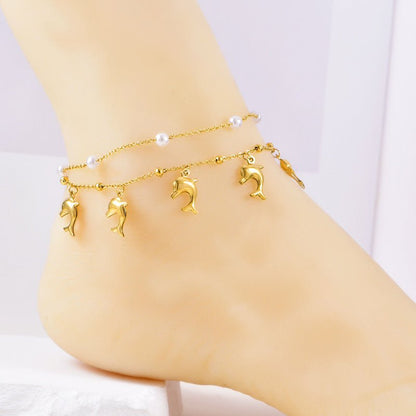 Gold Dolphin Pearl Double Layer Anklet - Anklets - 18k Gold Plated Waterproof Jewellery - Collection 9