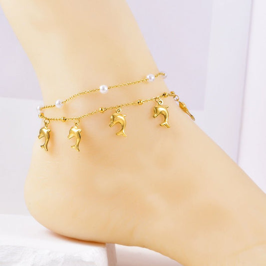 Gold Dolphin Pearl Double Layer Anklet - Anklets - 18k Gold Plated Waterproof Jewellery - Collection 9