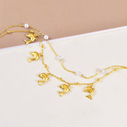 Gold Dolphin Pearl Double Layer Anklet - Anklets - 18k Gold Plated Waterproof Jewellery - Collection 9