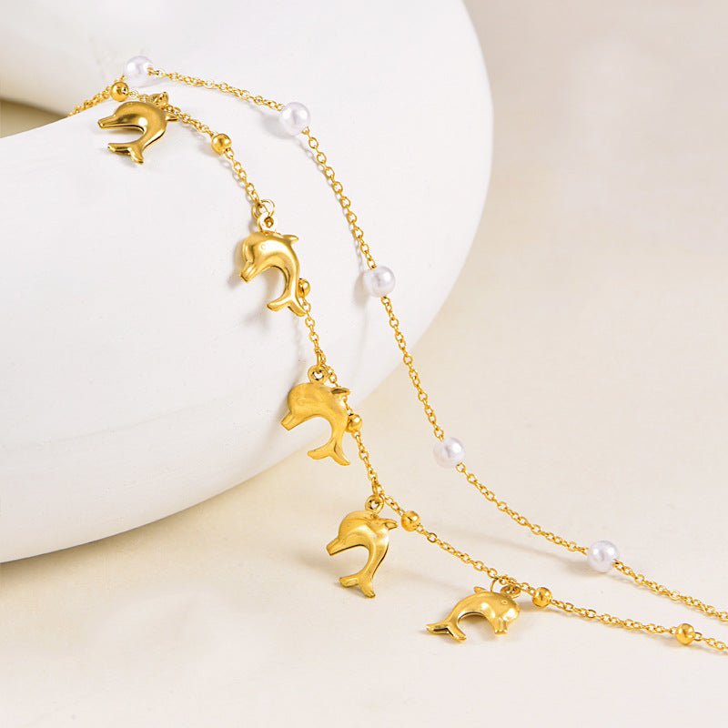Gold Dolphin Pearl Double Layer Anklet - Anklets - 18k Gold Plated Waterproof Jewellery - Collection 9