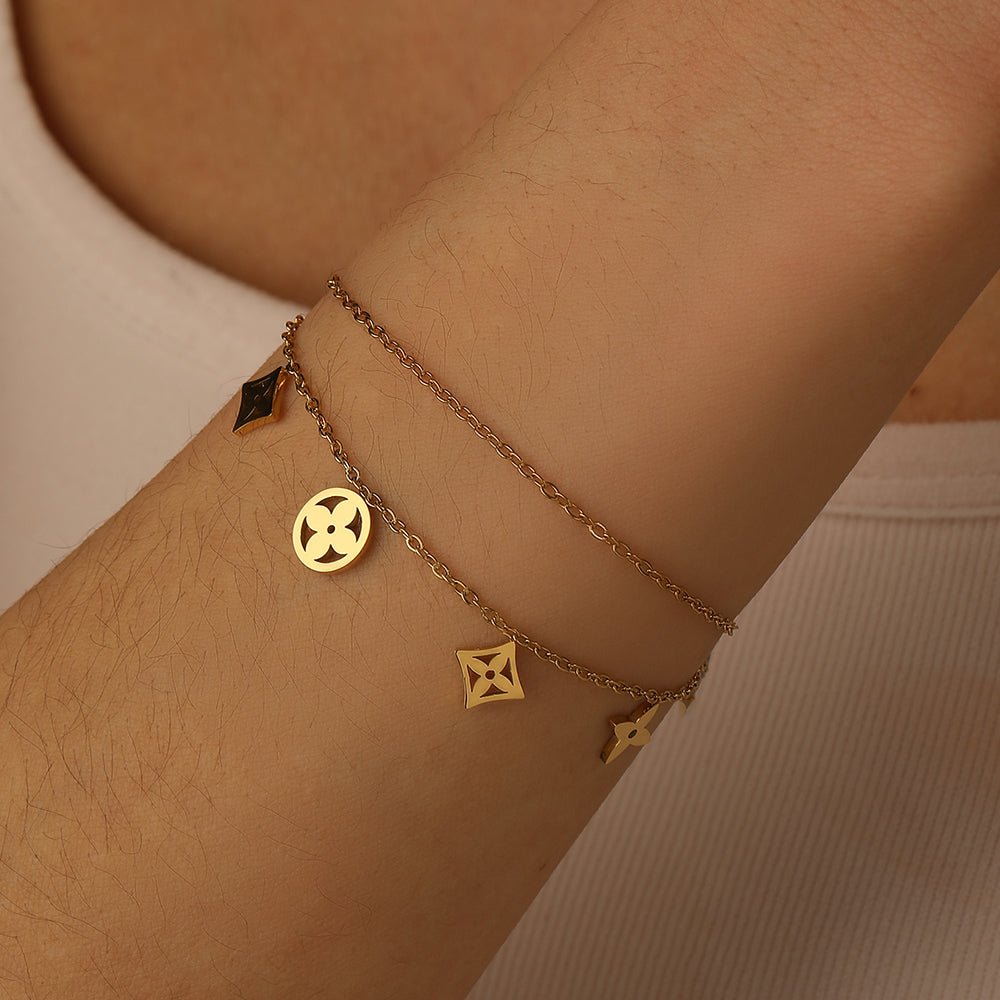 Gold Double Cable Chain Mixed Geometric Clover Charm Bracelet - Bracelets - 18k Gold Plated Waterproof Jewellery - Collection 9