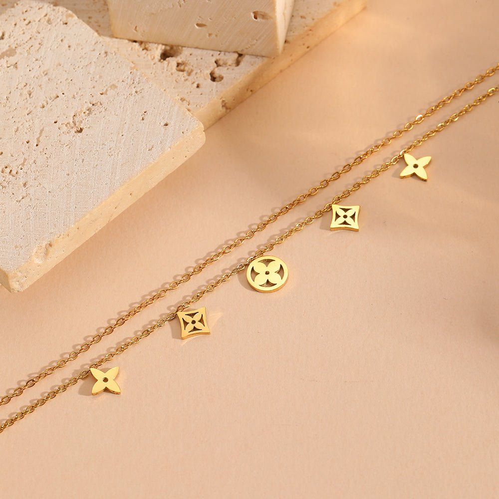 Gold Double Cable Chain Mixed Geometric Clover Charm Bracelet - Bracelets - 18k Gold Plated Waterproof Jewellery - Collection 9