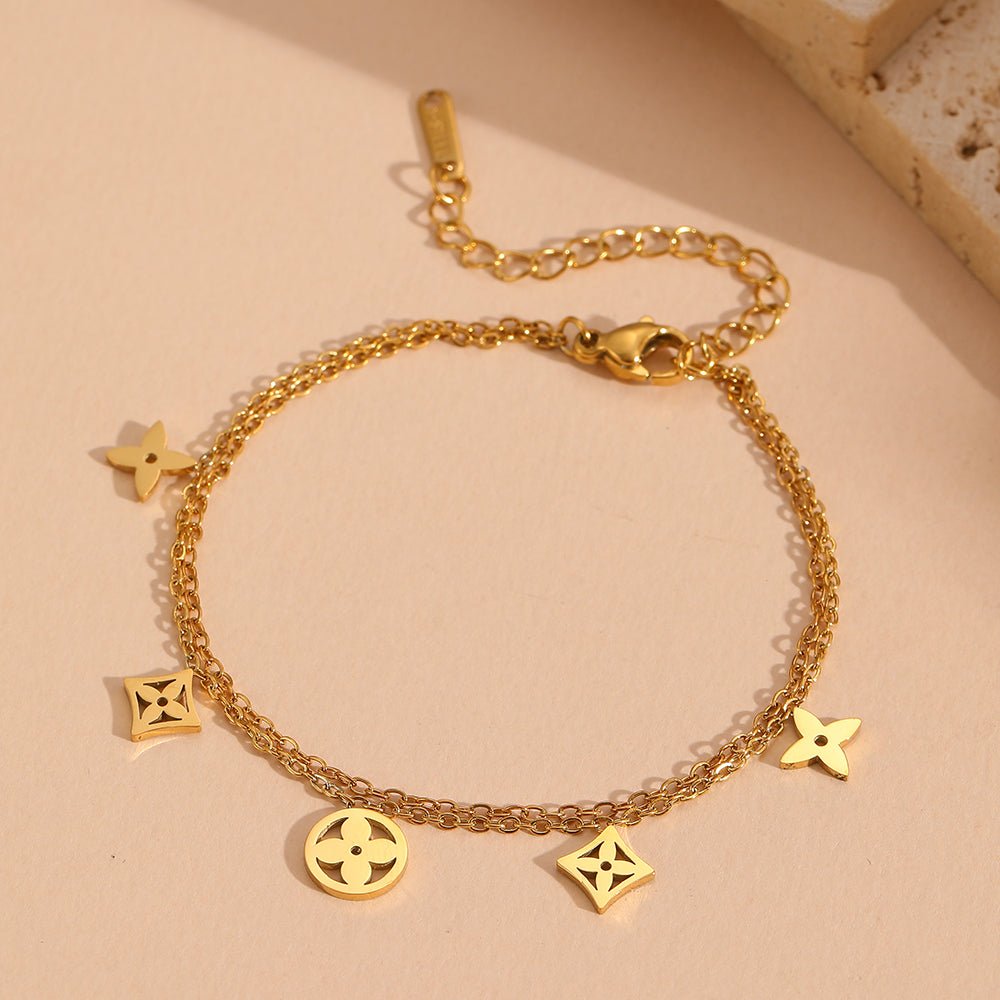 Gold Double Cable Chain Mixed Geometric Clover Charm Bracelet - Bracelets - 18k Gold Plated Waterproof Jewellery - Collection 9
