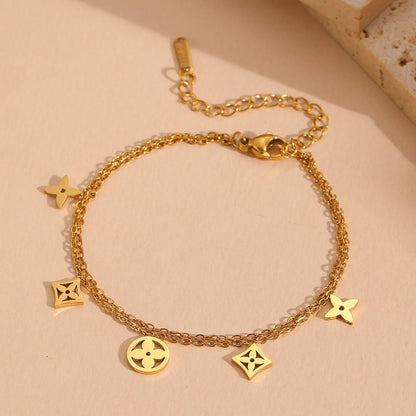 Gold Double Cable Chain Mixed Geometric Clover Charm Bracelet - Bracelets - 18k Gold Plated Waterproof Jewellery - Collection 9