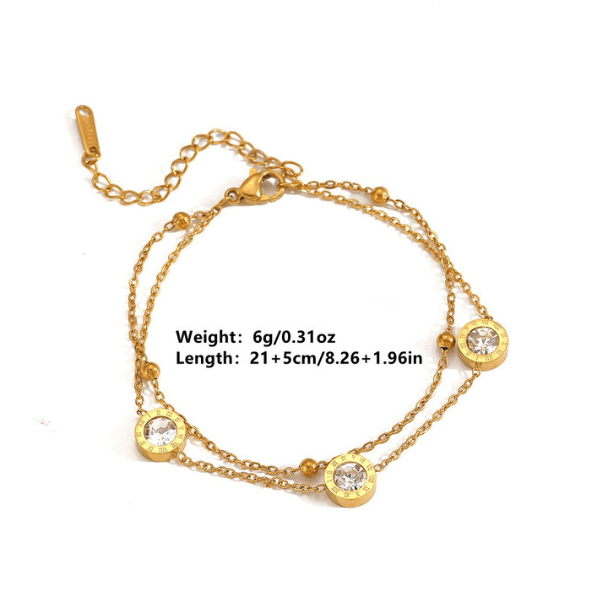 Gold Double Cable Chain Roman Numeral Crystal Disc Station Bracelet - Bracelets - 18k Gold Plated Waterproof Jewellery - Collection 9