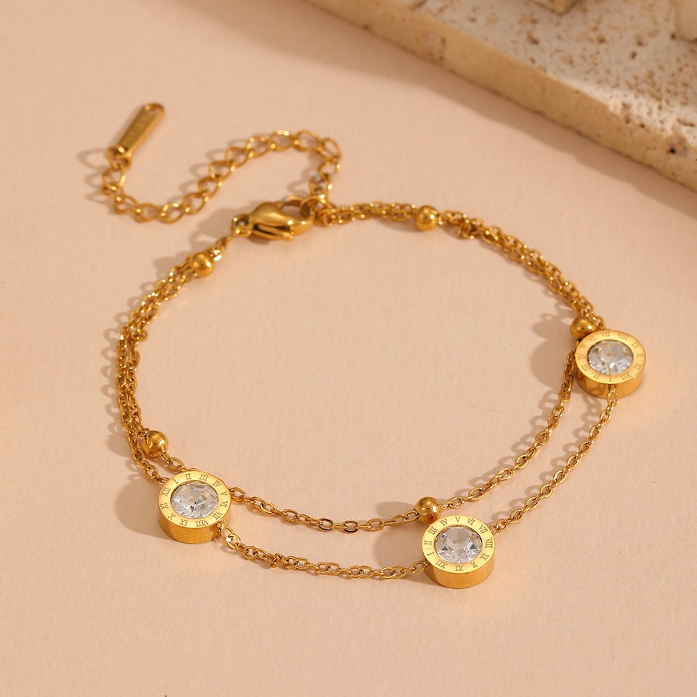 Gold Double Cable Chain Roman Numeral Crystal Disc Station Bracelet - Bracelets - 18k Gold Plated Waterproof Jewellery - Collection 9