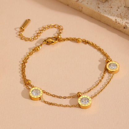 Gold Double Cable Chain Roman Numeral Crystal Disc Station Bracelet - Bracelets - 18k Gold Plated Waterproof Jewellery - Collection 9