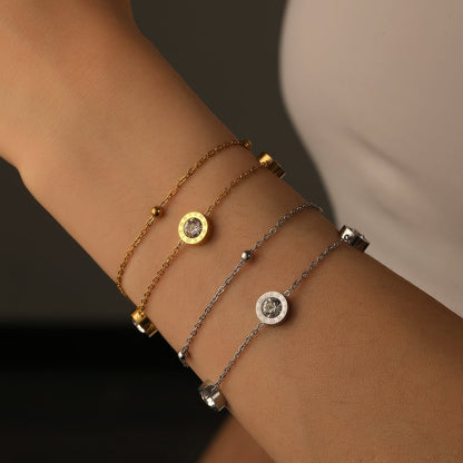 Gold Double Cable Chain Roman Numeral Crystal Disc Station Bracelet - Bracelets - 18k Gold Plated Waterproof Jewellery - Collection 9