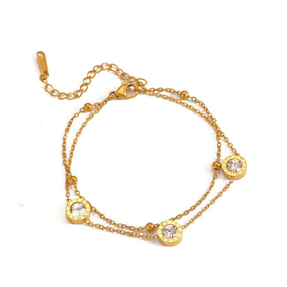 Gold Double Cable Chain Roman Numeral Crystal Disc Station Bracelet - Bracelets - 18k Gold Plated Waterproof Jewellery - Collection 9
