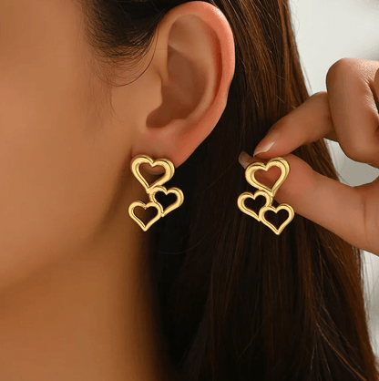 Gold Double Heart Drop Earrings - Earrings - 18k Gold Plated Waterproof Jewellery - Collection 9