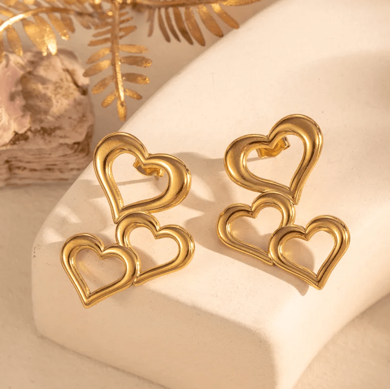Gold Double Heart Drop Earrings - Earrings - 18k Gold Plated Waterproof Jewellery - Collection 9