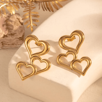 Gold Double Heart Drop Earrings - Earrings - 18k Gold Plated Waterproof Jewellery - Collection 9