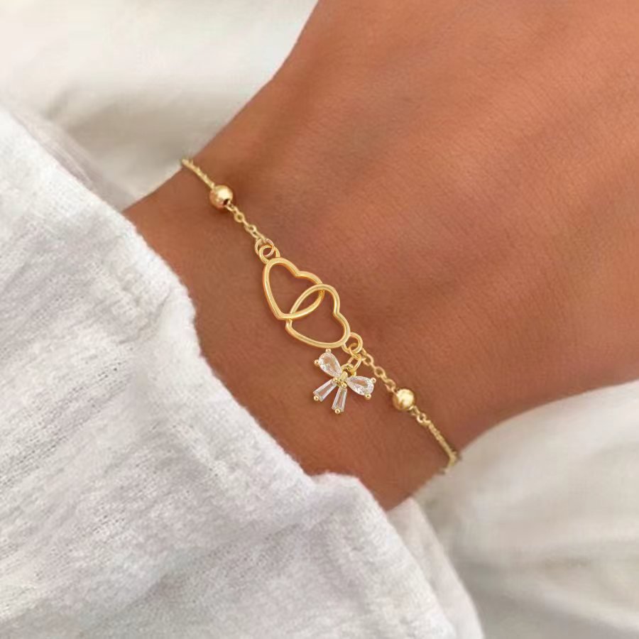 Gold Double Heart & Pink Crystal Bow Charm Satellite Bead Bracelet - Bracelets - 18k Gold Plated Waterproof Jewellery - Collection 9