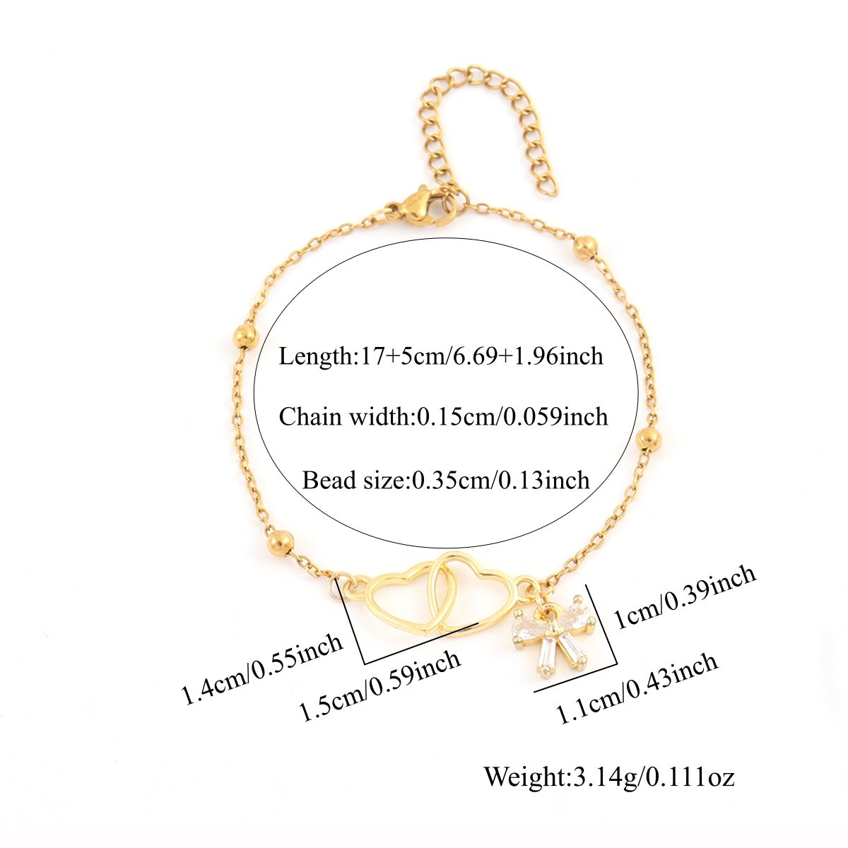 Gold Double Heart & Pink Crystal Bow Charm Satellite Bead Bracelet - Bracelets - 18k Gold Plated Waterproof Jewellery - Collection 9
