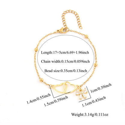 Gold Double Heart & Pink Crystal Bow Charm Satellite Bead Bracelet - Bracelets - 18k Gold Plated Waterproof Jewellery - Collection 9