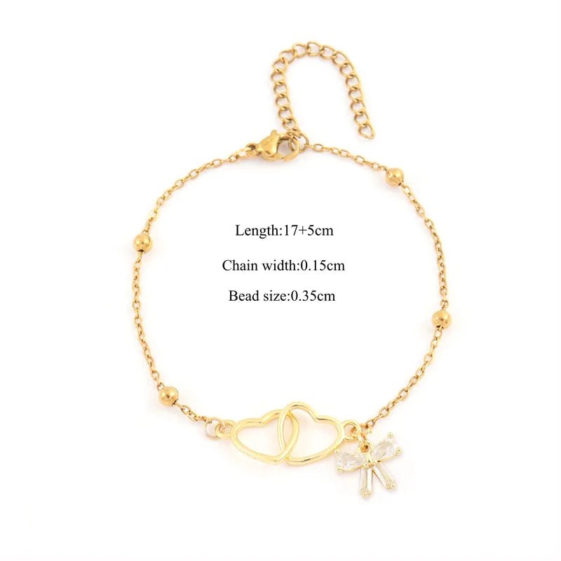 Gold Double Heart & Pink Crystal Bow Charm Satellite Bead Bracelet - Bracelets - 18k Gold Plated Waterproof Jewellery - Collection 9