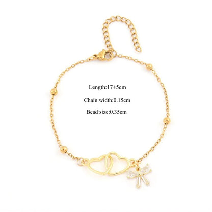 Gold Double Heart & Pink Crystal Bow Charm Satellite Bead Bracelet - Bracelets - 18k Gold Plated Waterproof Jewellery - Collection 9
