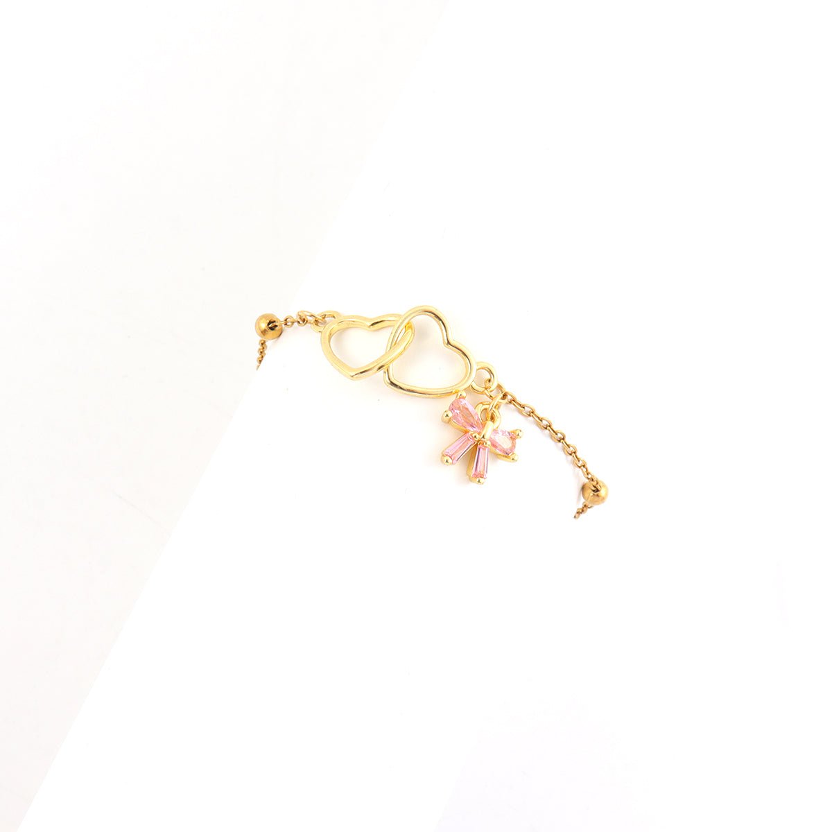 Gold Double Heart & Pink Crystal Bow Charm Satellite Bead Bracelet - Bracelets - 18k Gold Plated Waterproof Jewellery - Collection 9