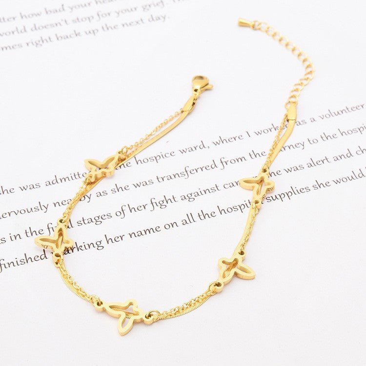 Gold Double Layer Butterfly & Herringbone Blade Chain Anklet - Anklet - 18k Gold Plated Waterproof Jewellery - Collection 9