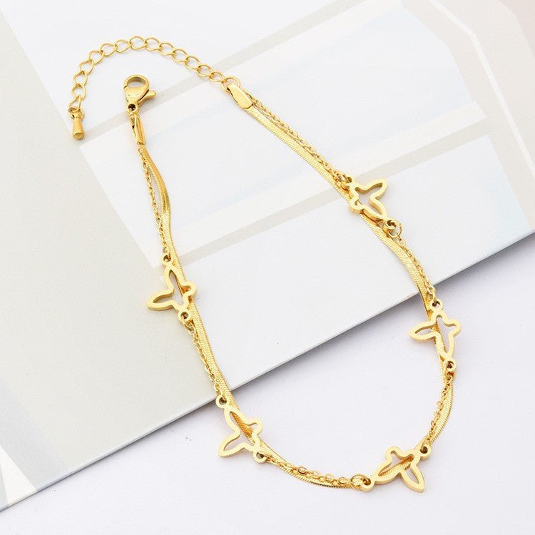 Gold Double Layer Butterfly & Herringbone Blade Chain Anklet - Anklet - 18k Gold Plated Waterproof Jewellery - Collection 9