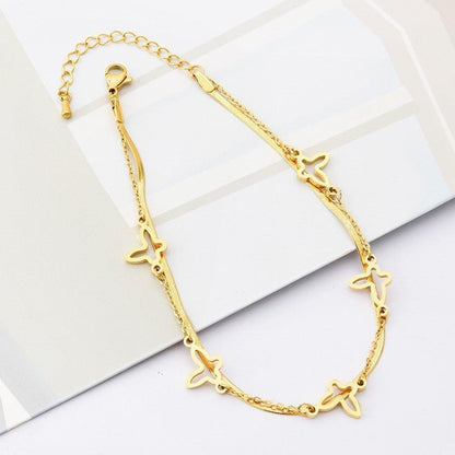 Gold Double Layer Butterfly & Herringbone Blade Chain Anklet - Anklet - 18k Gold Plated Waterproof Jewellery - Collection 9