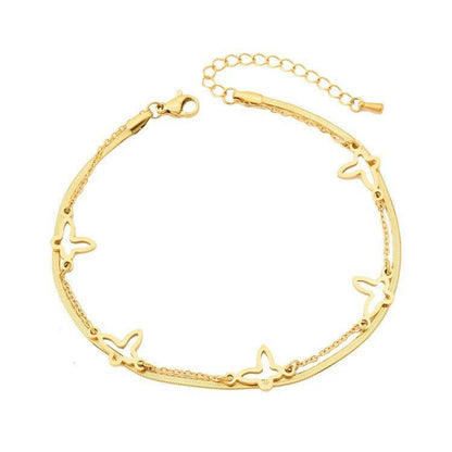 Gold Double Layer Butterfly & Herringbone Blade Chain Anklet - Anklet - 18k Gold Plated Waterproof Jewellery - Collection 9