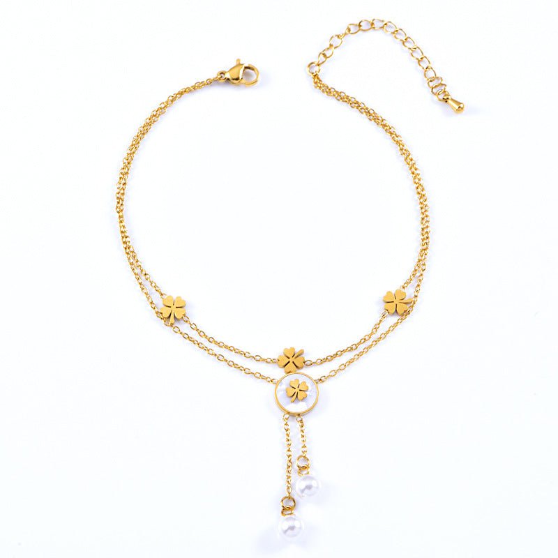 Gold Double Layer Four Leaf Clover & Pearl Drop Anklet - Anklet - 18k Gold Plated Waterproof Jewellery - Collection 9