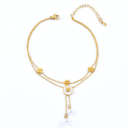Gold Double Layer Four Leaf Clover & Pearl Drop Anklet - Anklet - 18k Gold Plated Waterproof Jewellery - Collection 9