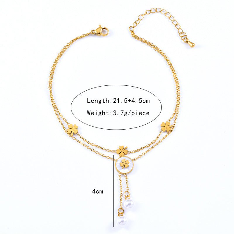 Gold Double Layer Four Leaf Clover & Pearl Drop Anklet - Anklet - 18k Gold Plated Waterproof Jewellery - Collection 9