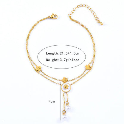 Gold Double Layer Four Leaf Clover & Pearl Drop Anklet - Anklet - 18k Gold Plated Waterproof Jewellery - Collection 9