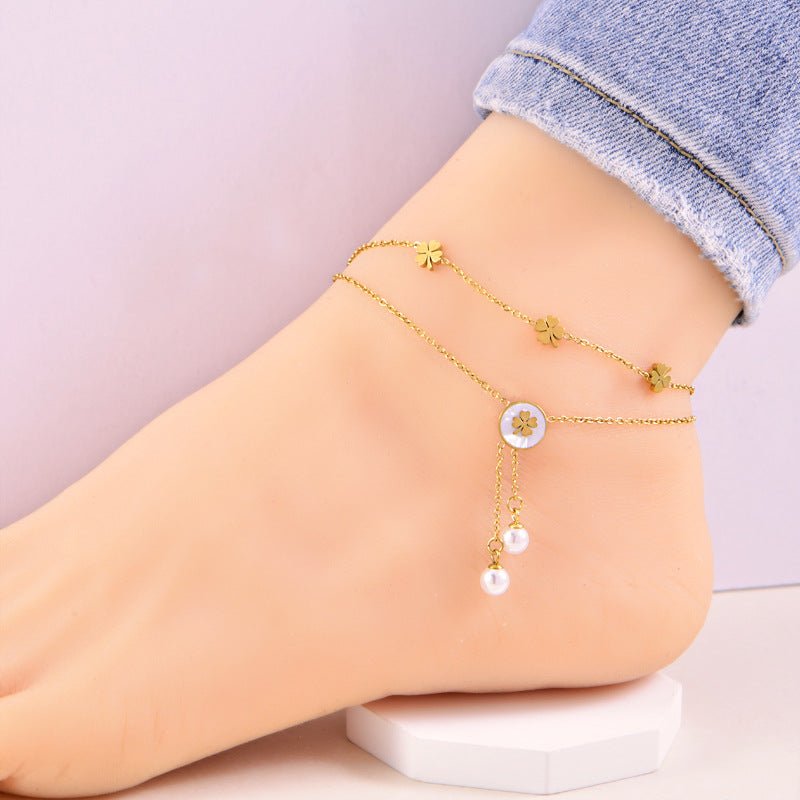 Gold Double Layer Four Leaf Clover & Pearl Drop Anklet - Anklet - 18k Gold Plated Waterproof Jewellery - Collection 9