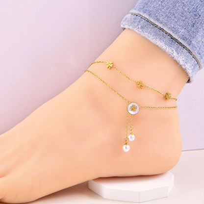 Gold Double Layer Four Leaf Clover & Pearl Drop Anklet - Anklet - 18k Gold Plated Waterproof Jewellery - Collection 9