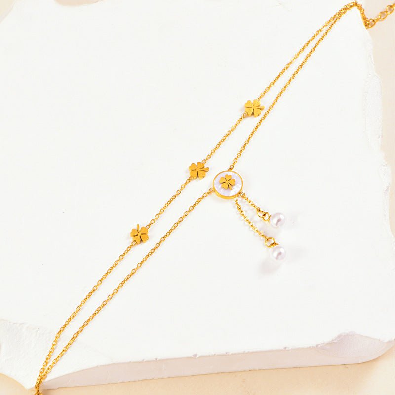 Gold Double Layer Four Leaf Clover & Pearl Drop Anklet - Anklet - 18k Gold Plated Waterproof Jewellery - Collection 9