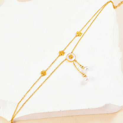 Gold Double Layer Four Leaf Clover & Pearl Drop Anklet - Anklet - 18k Gold Plated Waterproof Jewellery - Collection 9