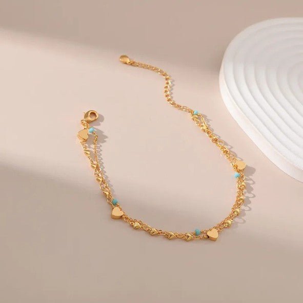 Gold Double Layer Heart Charm & Turquoise Bead Anklet - Anklets - 18k Gold Plated Waterproof Jewellery - Collection 9