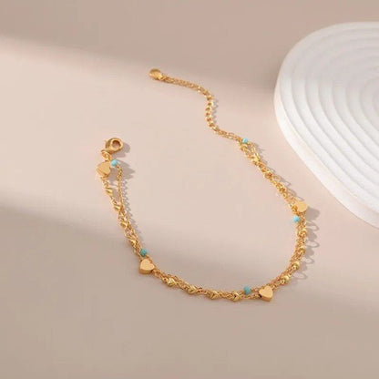 Gold Double Layer Heart Charm & Turquoise Bead Anklet - Anklets - 18k Gold Plated Waterproof Jewellery - Collection 9