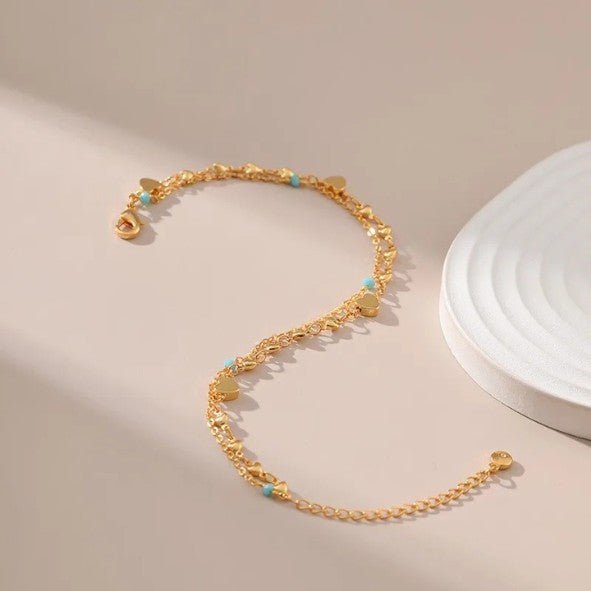 Gold Double Layer Heart Charm & Turquoise Bead Anklet - Anklets - 18k Gold Plated Waterproof Jewellery - Collection 9
