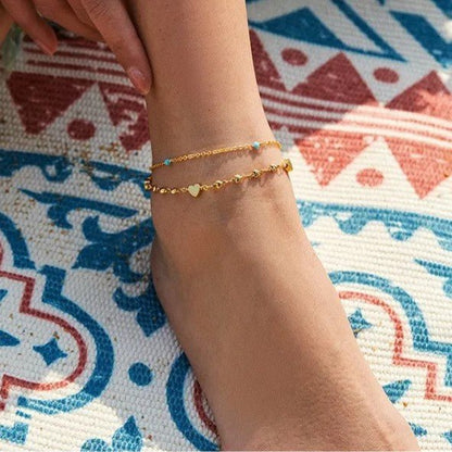 Gold Double Layer Heart Charm & Turquoise Bead Anklet - Anklets - 18k Gold Plated Waterproof Jewellery - Collection 9