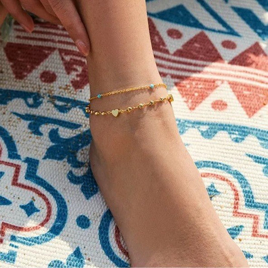 Gold Double Layer Heart Charm & Turquoise Bead Anklet - Anklets - 18k Gold Plated Waterproof Jewellery - Collection 9