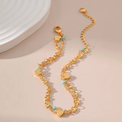 Gold Double Layer Heart Charm & Turquoise Bead Anklet - Anklets - 18k Gold Plated Waterproof Jewellery - Collection 9