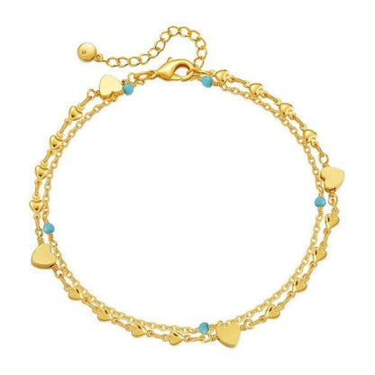 Gold Double Layer Heart Charm & Turquoise Bead Anklet - Anklets - 18k Gold Plated Waterproof Jewellery - Collection 9