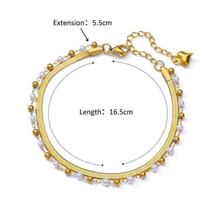 Gold Double Layer Herringbone & Pearl Bead Chain Anklet - Anklets - 18k Gold Plated Waterproof Jewellery - Collection 9