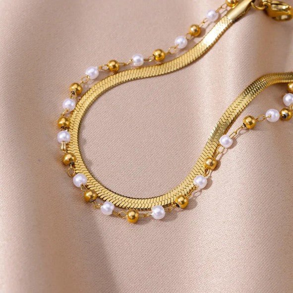 Gold Double Layer Herringbone & Pearl Bead Chain Anklet - Anklets - 18k Gold Plated Waterproof Jewellery - Collection 9