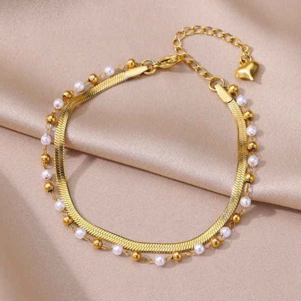 Gold Double Layer Herringbone & Pearl Bead Chain Anklet - Anklets - 18k Gold Plated Waterproof Jewellery - Collection 9