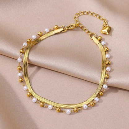 Gold Double Layer Herringbone & Pearl Bead Chain Anklet - Anklets - 18k Gold Plated Waterproof Jewellery - Collection 9