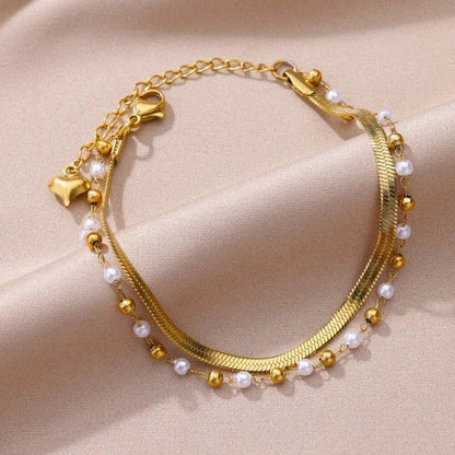 Gold Double Layer Herringbone & Pearl Bead Chain Anklet - Anklets - 18k Gold Plated Waterproof Jewellery - Collection 9