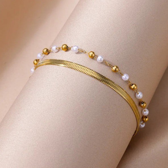 Gold Double Layer Herringbone & Pearl Bead Chain Anklet - Anklets - 18k Gold Plated Waterproof Jewellery - Collection 9