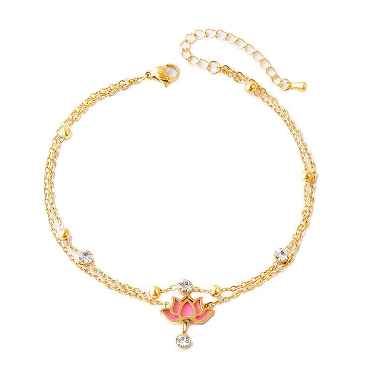 Gold Double Layer Lotus Flower & Crystal Zircon Anklet - Anklet - 18k Gold Plated Waterproof Jewellery - Collection 9