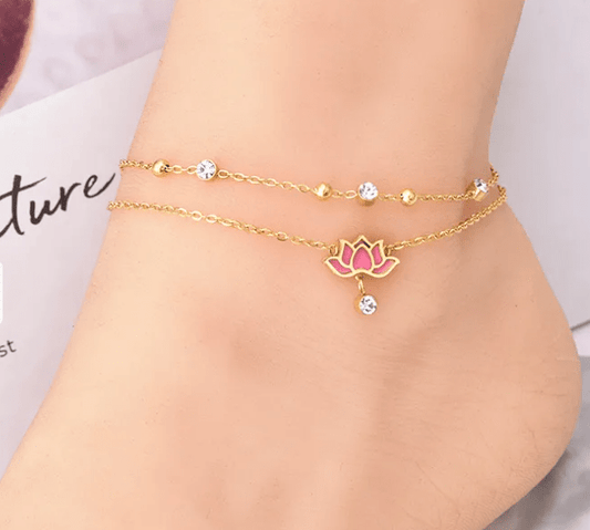 Gold Double Layer Lotus Flower & Crystal Zircon Anklet - Anklet - 18k Gold Plated Waterproof Jewellery - Collection 9
